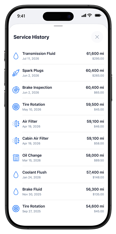 Service history in Carrus, with each entry's mileage and cost