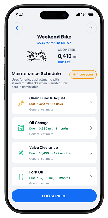 A motorbike's own schedule in Carrus: chain lube, valve clearance, fork oil