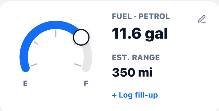 Fuel gauge card in the app: draggable arc gauge showing 11.6 gallons and 350 miles estimated range