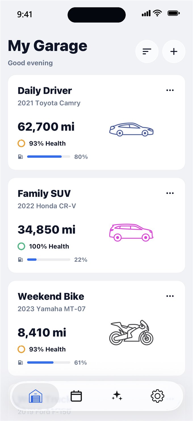 The Carrus garage screen showing three vehicles with health rings and fuel levels