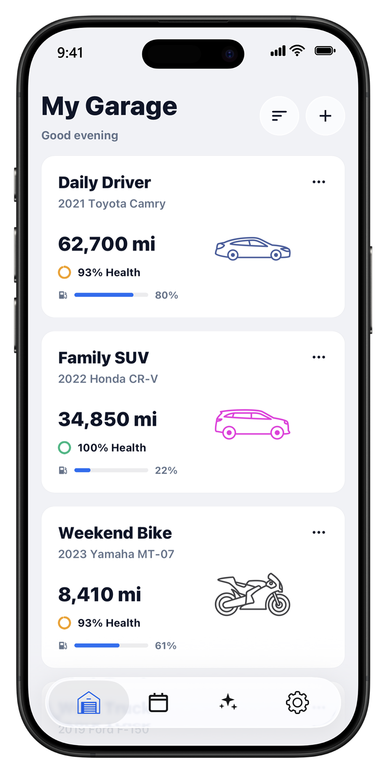 Carrus garage screen on an iPhone 16 Pro — three vehicles with health rings and fuel levels