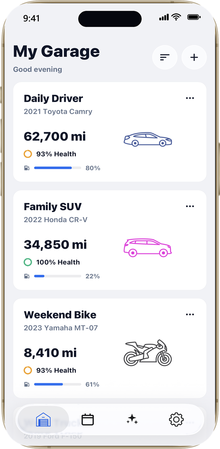 Carrus garage screen on iPhone — three vehicles with health rings and fuel levels